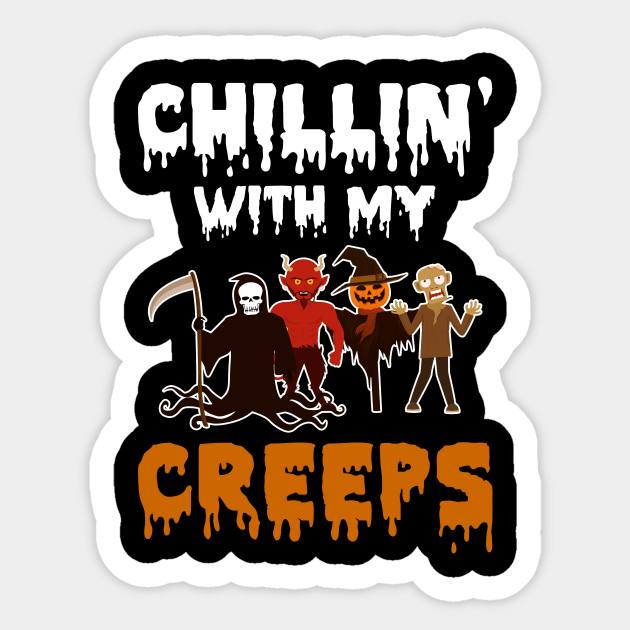 Chillin With My Creeps Death Devil Satan Pumpkin Scarecrow Zombie Halloween Sticker by foxmqpo